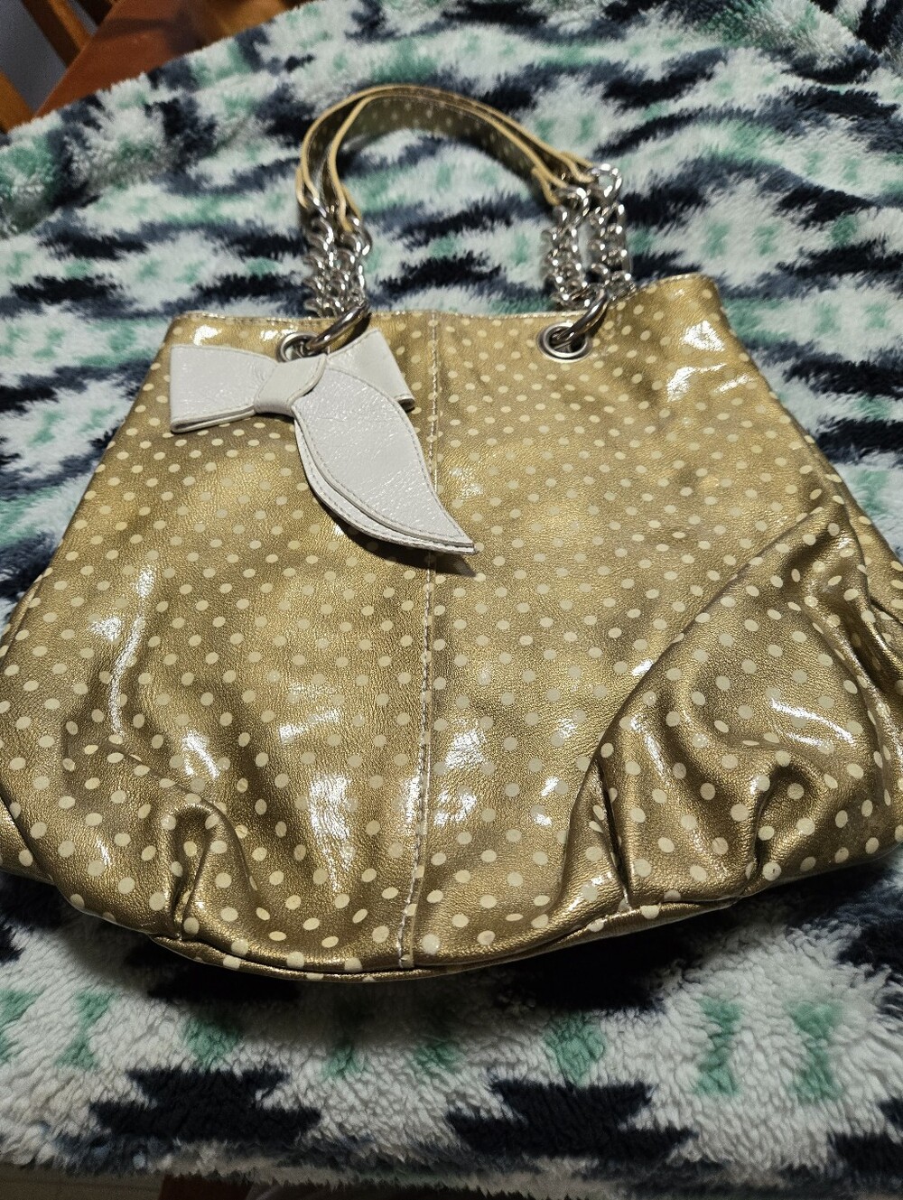 Gold Polka Dot Leather Hand Bag with Bow Charm